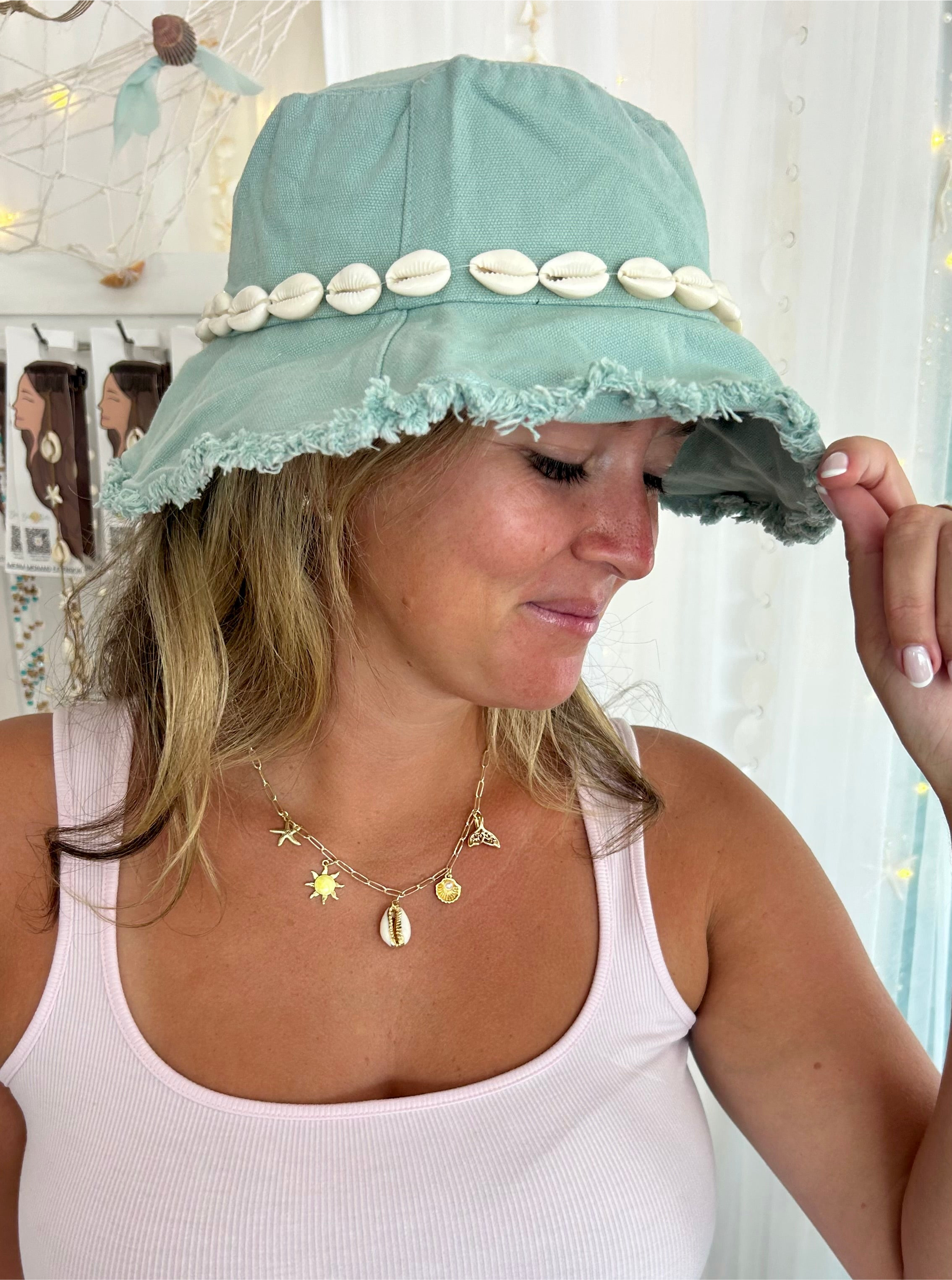 Hand-sewn seashell bucket hat